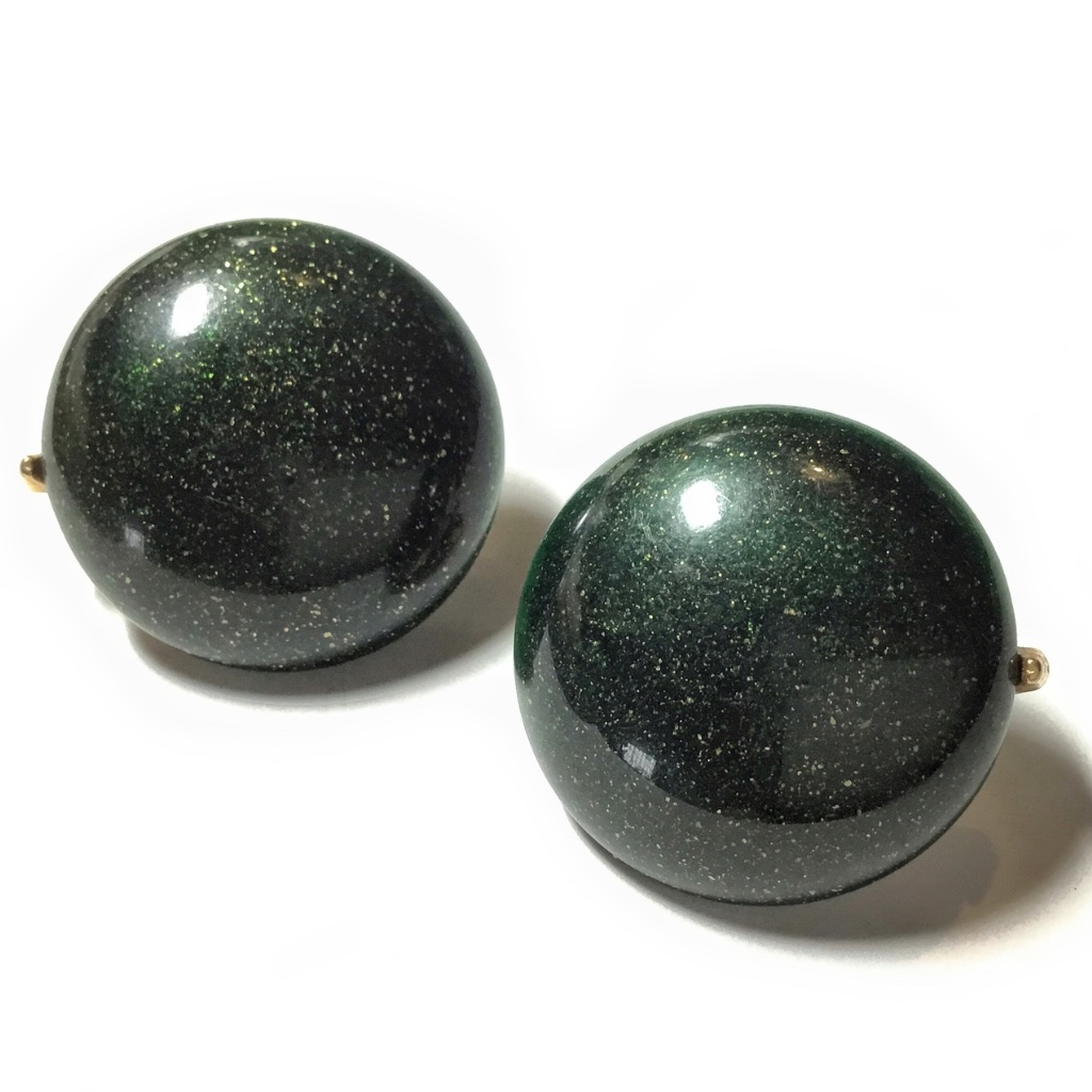 Vintage Signed Trifari Glitter In Dark Green Lucite Clip Earrings